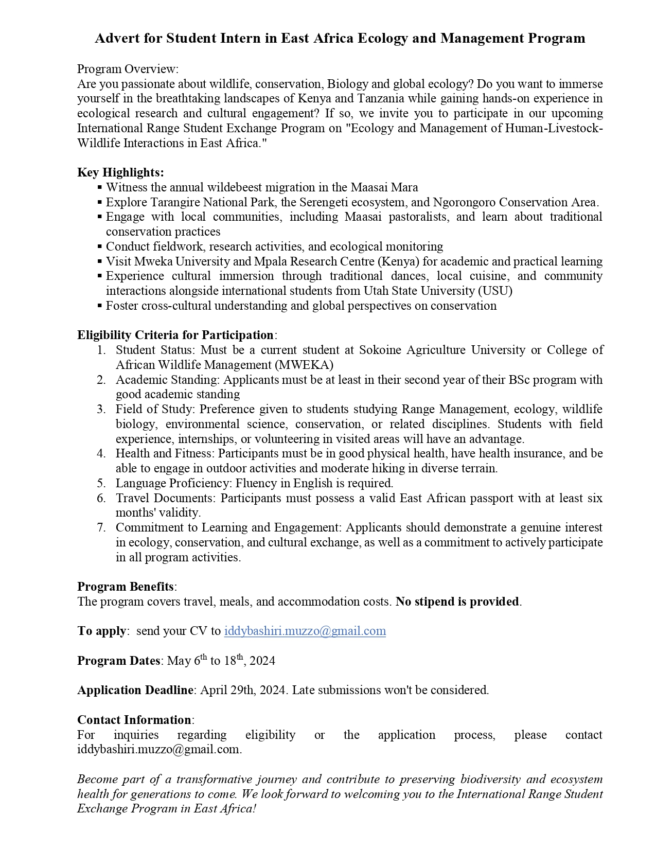 Advert for Student Intern in East Africa Ecology and Management Program
